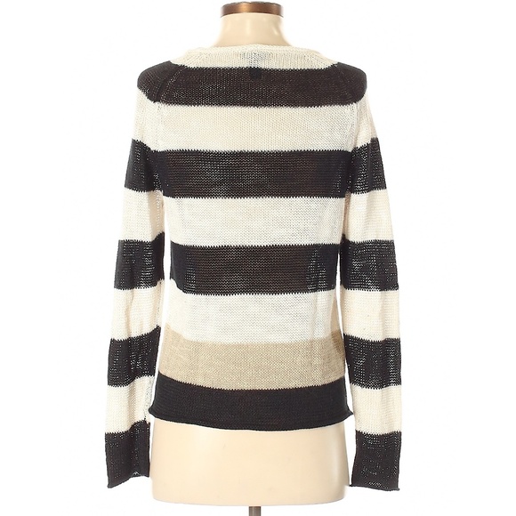 Aqua Lightweight Black & White Broad Stripe Linen Blend Knit Pullover Sweater - Picture 4 of 9
